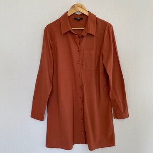 LULUS Womens Medium Long Sleeve Cotton Linen Tunic Shirt Dress Brown Rust